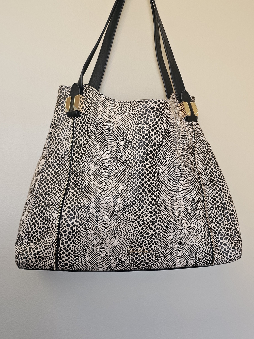 Black & White Animal-Print Tote with Gold Accents